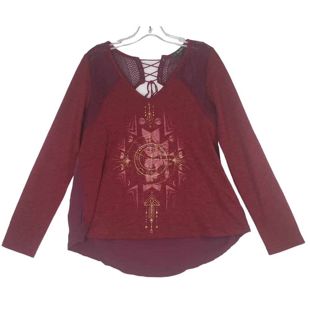 Miss Me Women's Large Maroon Aztec Print Lace Up Back Long Sleeve Top